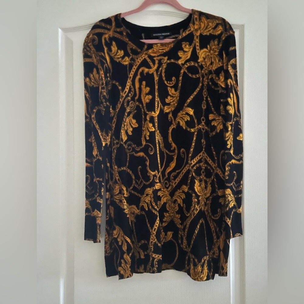 NWOT Boston Proper Black and Gold Paisley Tunic Sweater